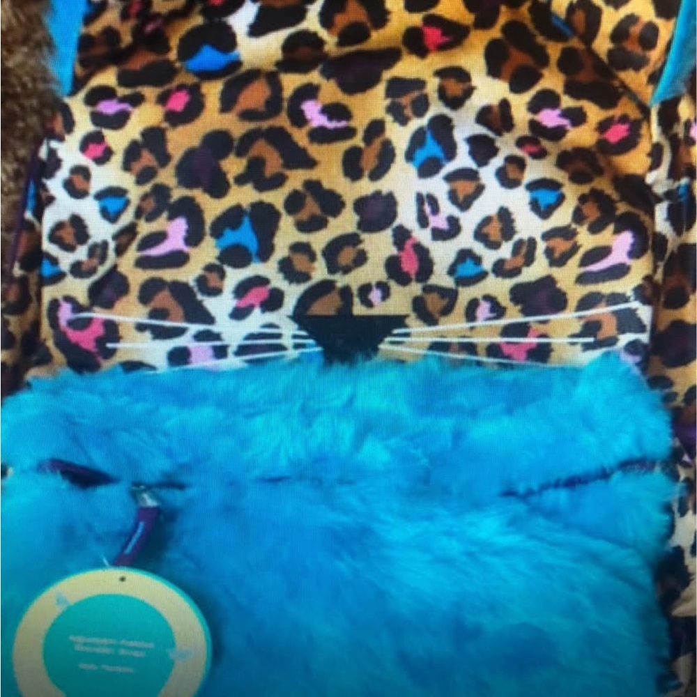 NWT Leopard Print cat Kids Backpack with Blue faux fur Accents. Full size bag - Picture 2 of 5